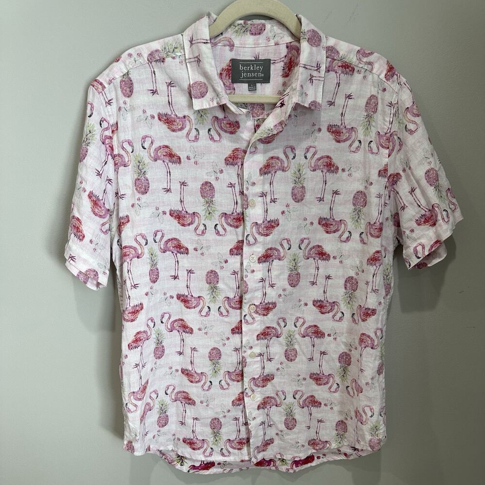 Berkley Jensen Women’s Sz Large Tropical Flamingo Print Vacation‎ Linen Blend